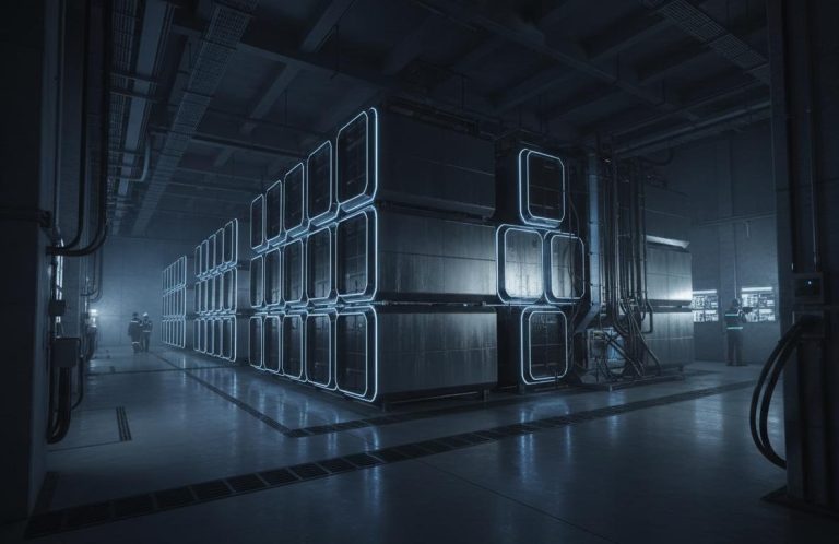 Serverraum / Digital Intelligence Futuristic data centre with illuminated server racks, representing AI-powered digital intelligence for energy infrastructure
optimisation.