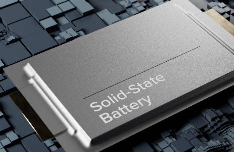 Solid-State Battery Close-up of a solid-state battery cell, representing next-generation energy storage technology for transport infrastructure.