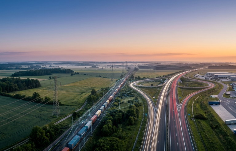 Autobahn mit Zug bei Daemmerung Highway and railway corridor at dusk with light trails, illustrating the convergence of transport, energy and digital
infrastructure